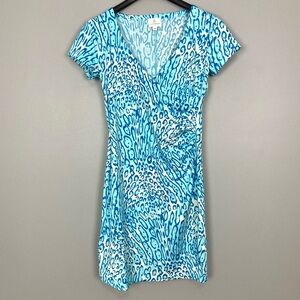 Julie Brown Lizzy Surplice Dress Women’s Size L Leopard Print Smooth Knit Blue